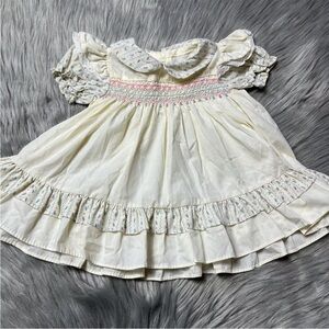 Vintage Polly Flinders Baby Girls Smocked Cream Floral Pink Blue Dress